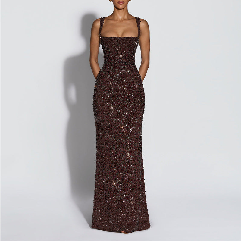 Women Elegant Sexy Square Neck Sequin Slim Fit Dress