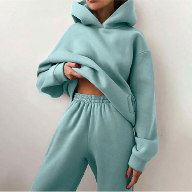 Women Fashion Casual Sports Solid Color Hooded Set