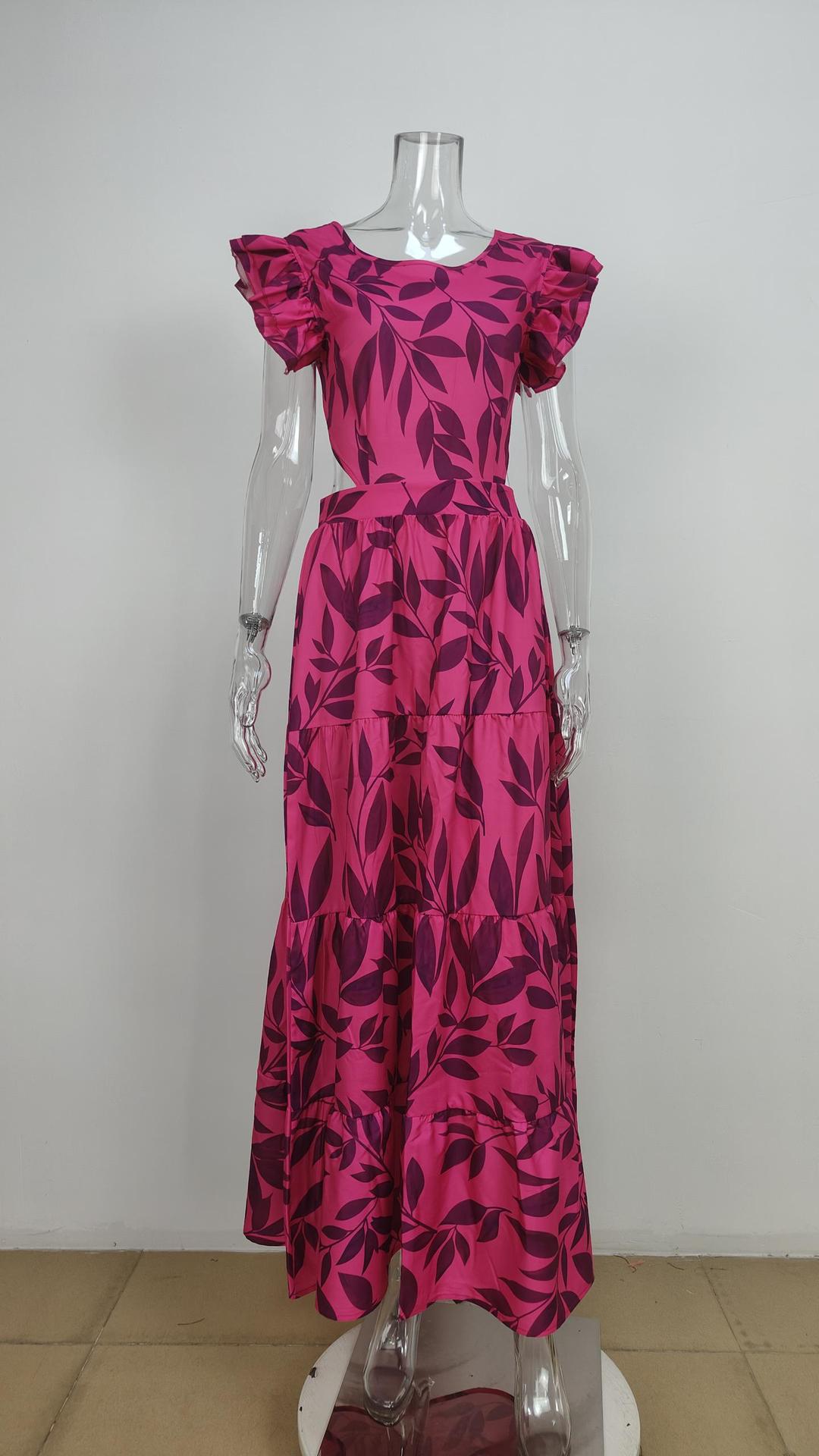 Womens Lotus Leaf Sleeve Print Long Dress