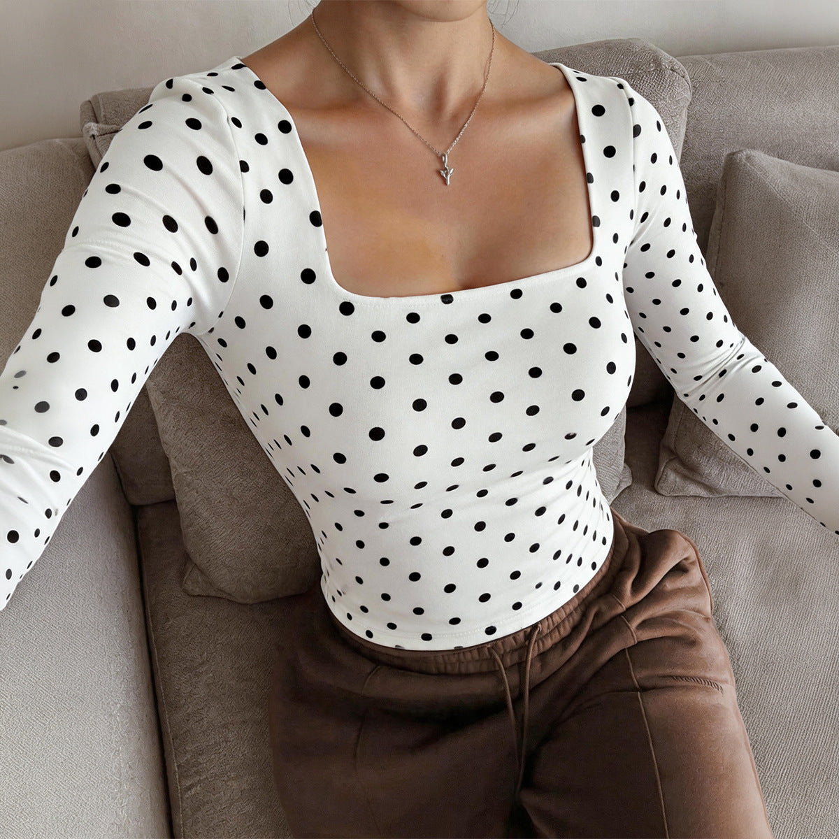 Womens Vintage Polka Dot Long Sleeve Top