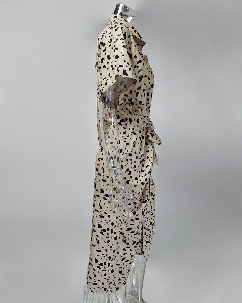 Elegant Short Sleeve Printed High Waist Dress Long Dress