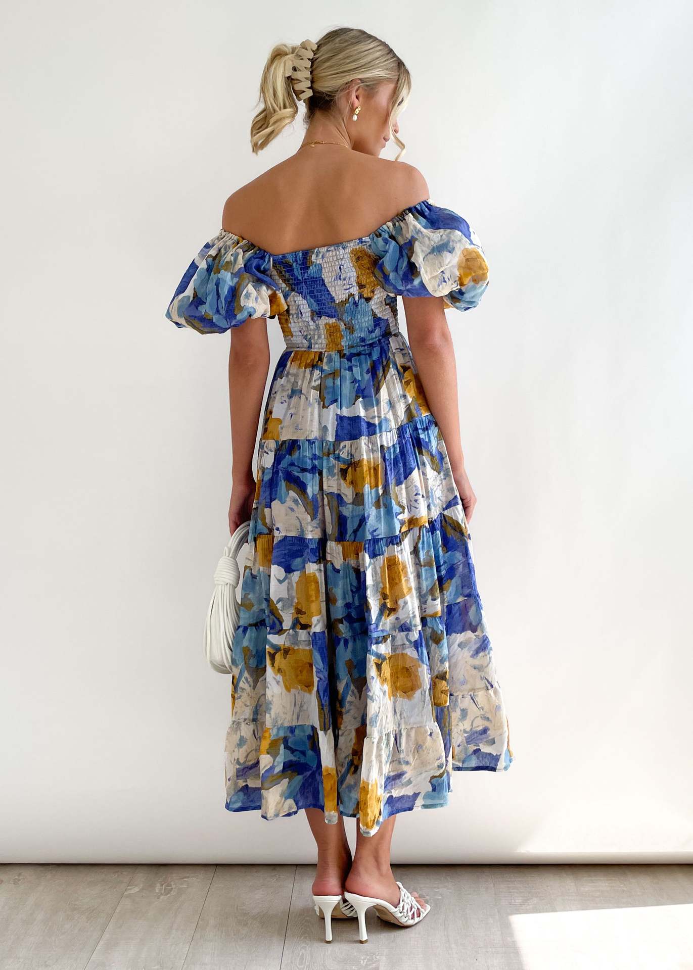 Women Bubble Sleeve Holiday Skinny Long Dress High Waist Shoulder Print Dress