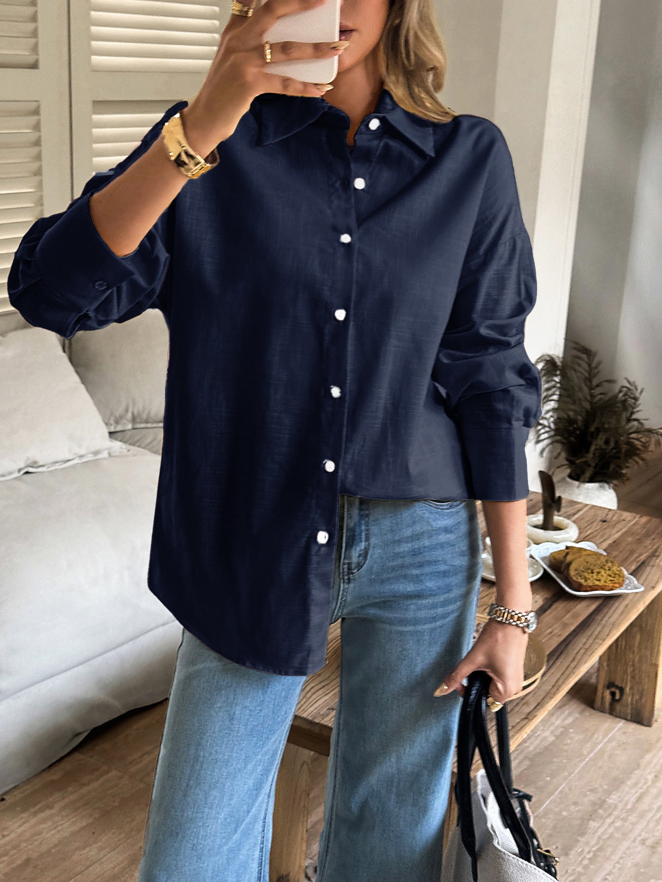 Women's Solid Button V-Neck Long Sleeve Women's Long Sleeve Blouse