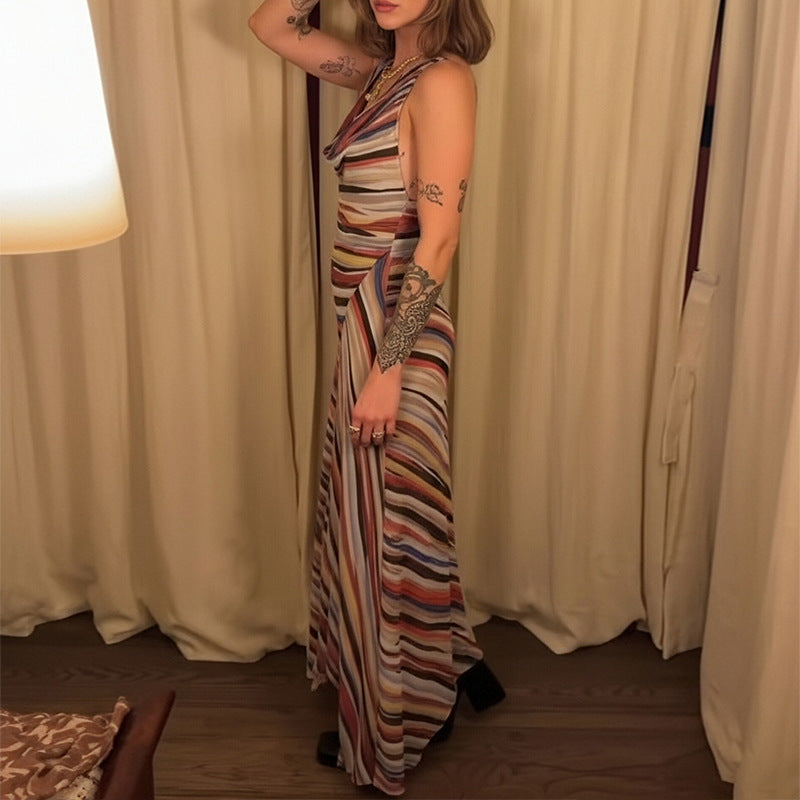 Women Color Striped Sleeveless Dress