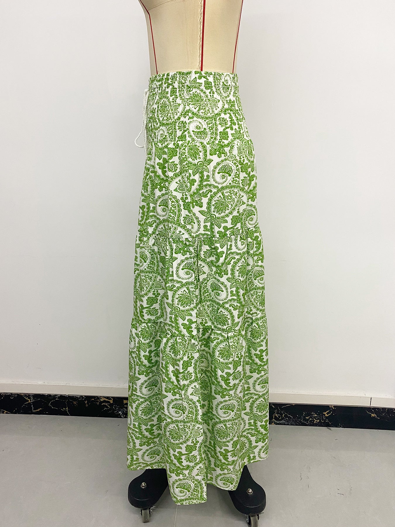 Long Skirt Elastic Waist Fringed Drawstring Paisley Print Skirt