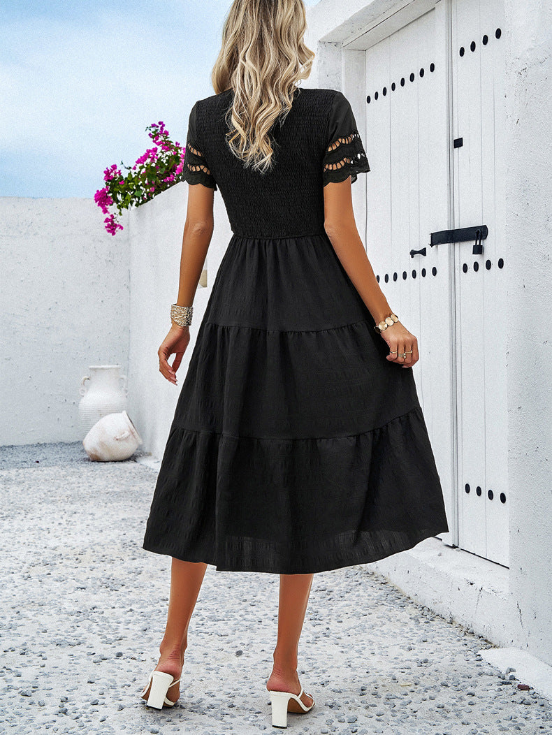 Solid Color Short-sleeved Cut-out Dress for Women