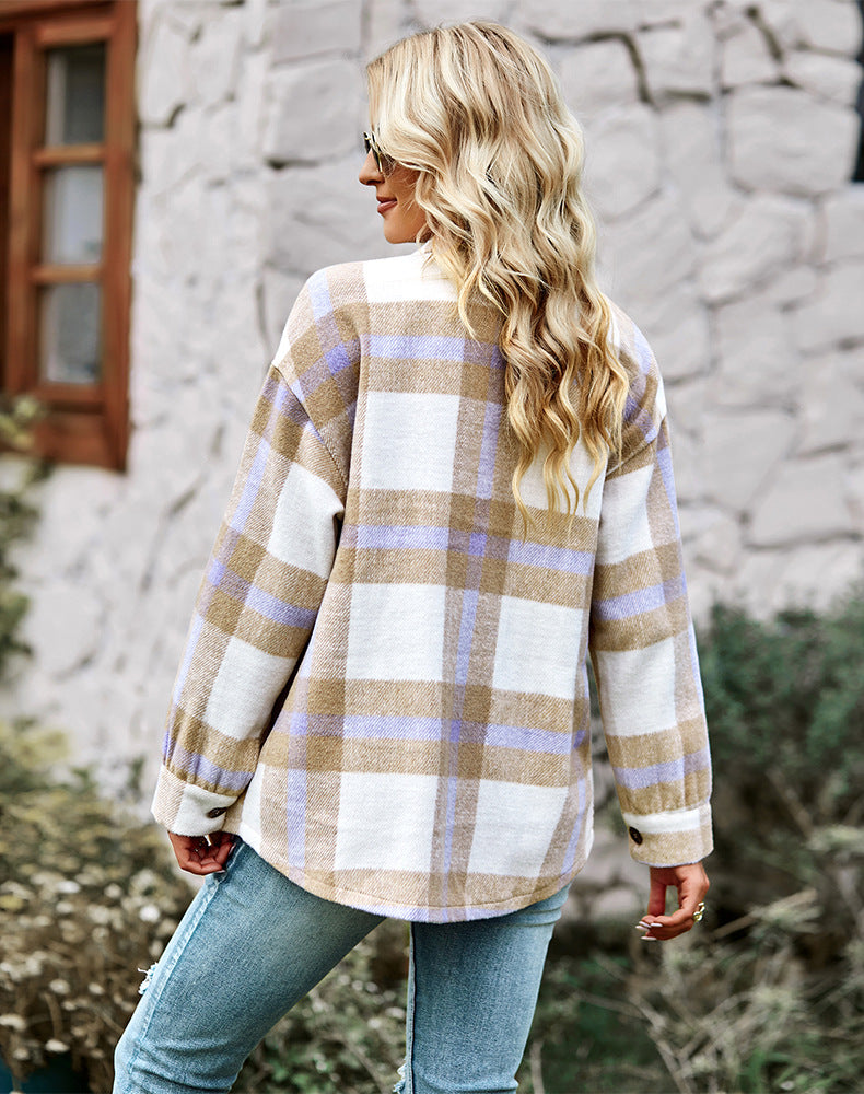 Plaid Jacket Long-sleeved Shirt Casual Top Women