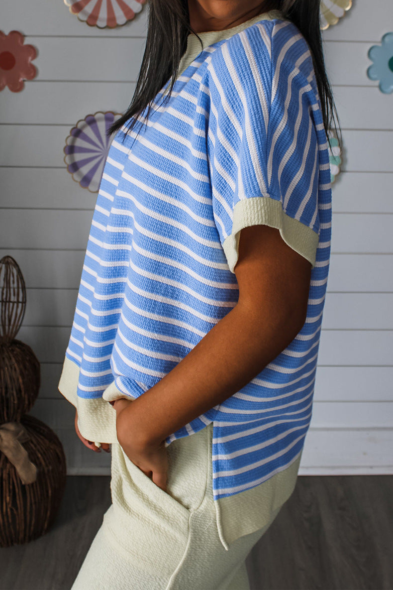 Womens Crew Neck Short Sleeve Pullover Striped T-Shirt
