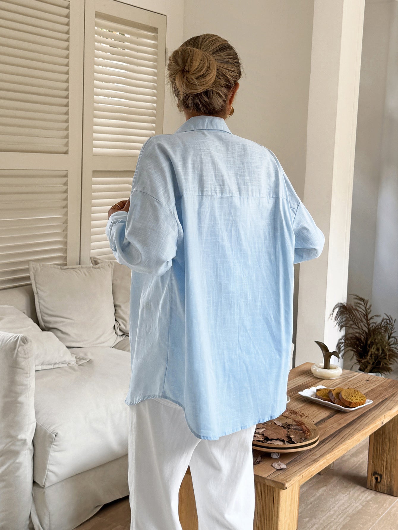 Women's Solid Button V-Neck Long Sleeve Women's Long Sleeve Blouse