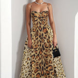 Women Sexy Leopard Print Suspender Waist A Line Dress