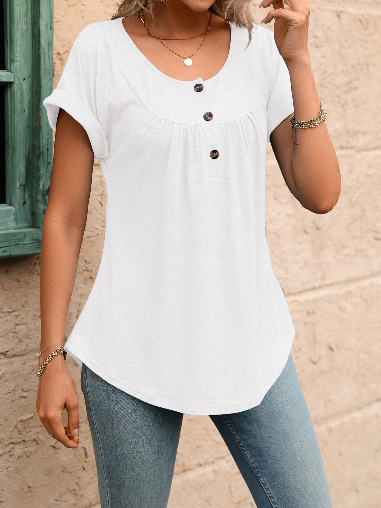 Women Solid Color Crew Neck Button Short Sleeve T-Shirt