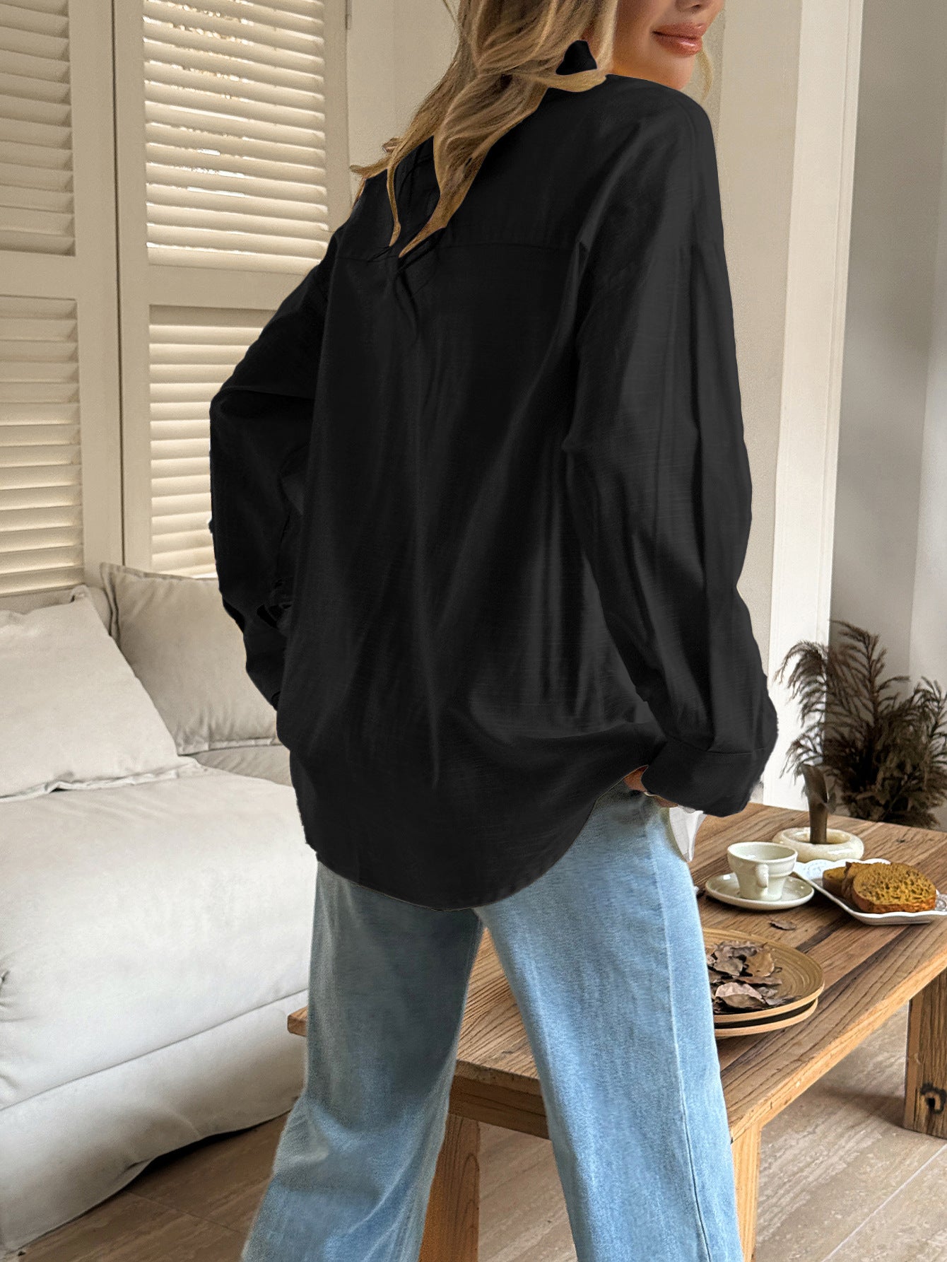 Women's Solid Button V-Neck Long Sleeve Women's Long Sleeve Blouse