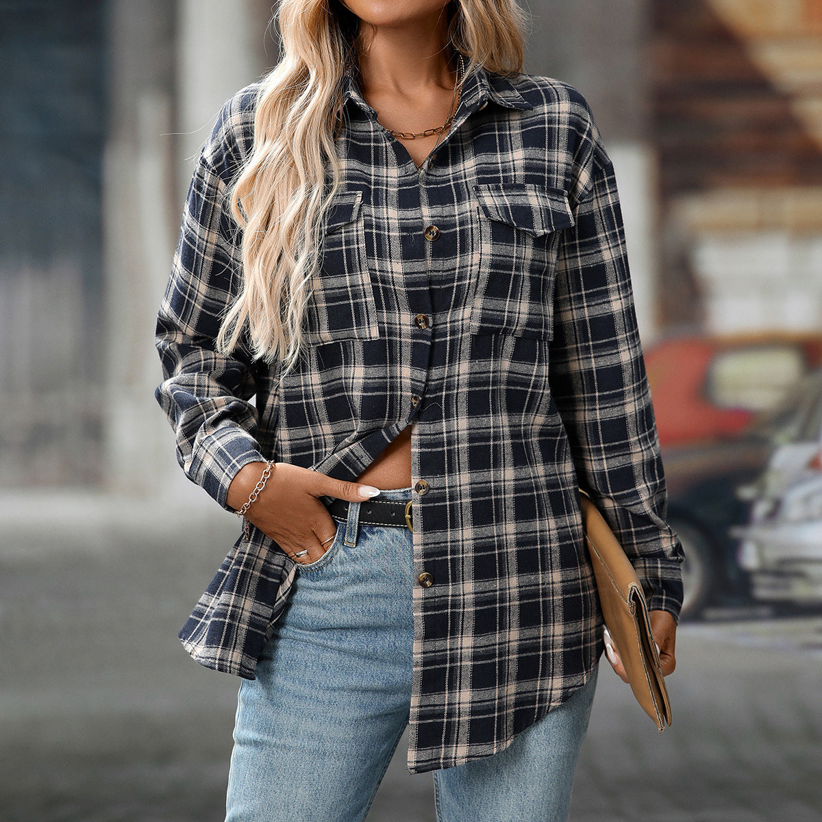 Casual Fashion Loose Plaid Pocket Shirt Women