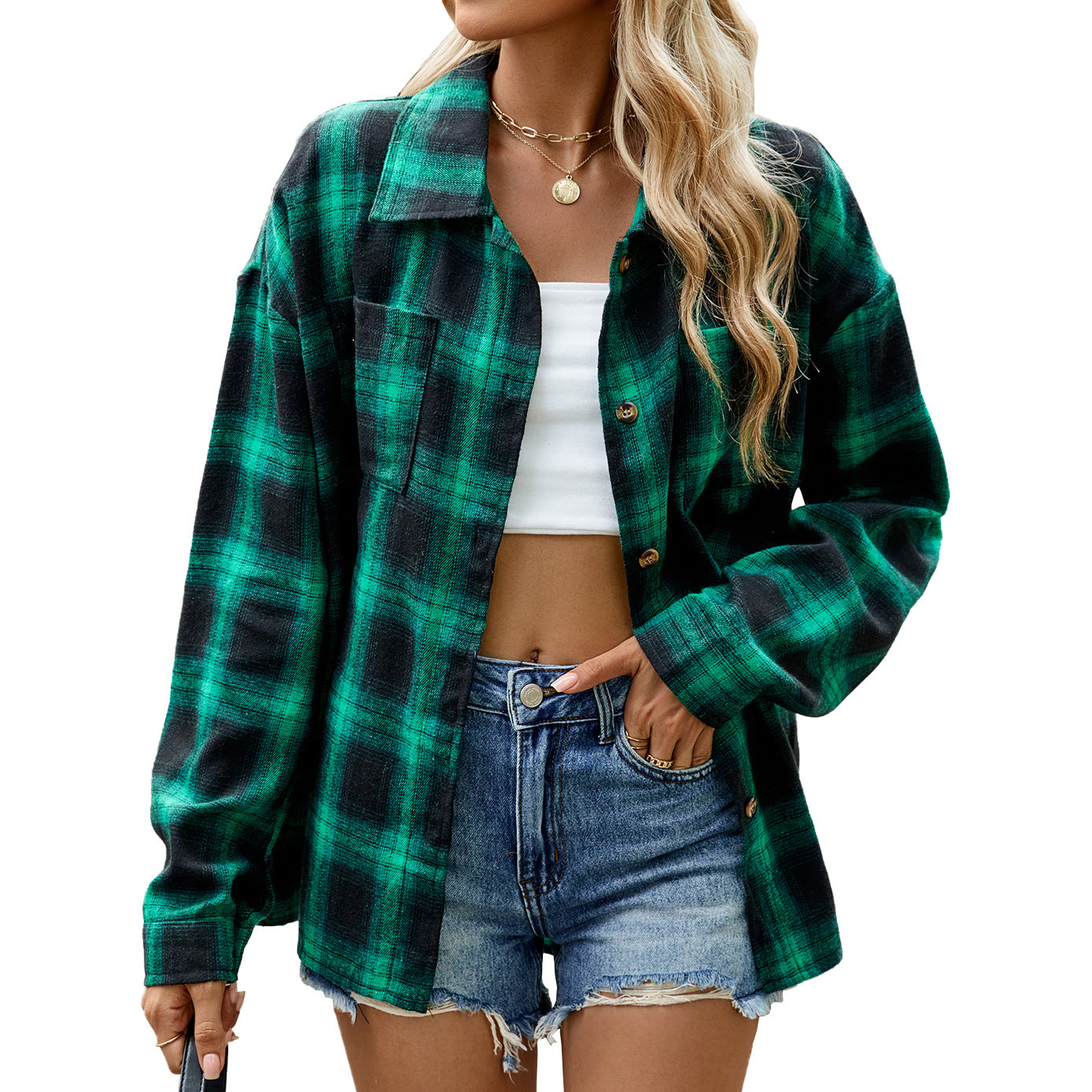 Lapel Long Sleeve Pocket Button Plaid Shirt Top Women