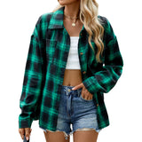 Lapel Long Sleeve Pocket Button Plaid Shirt Top Women