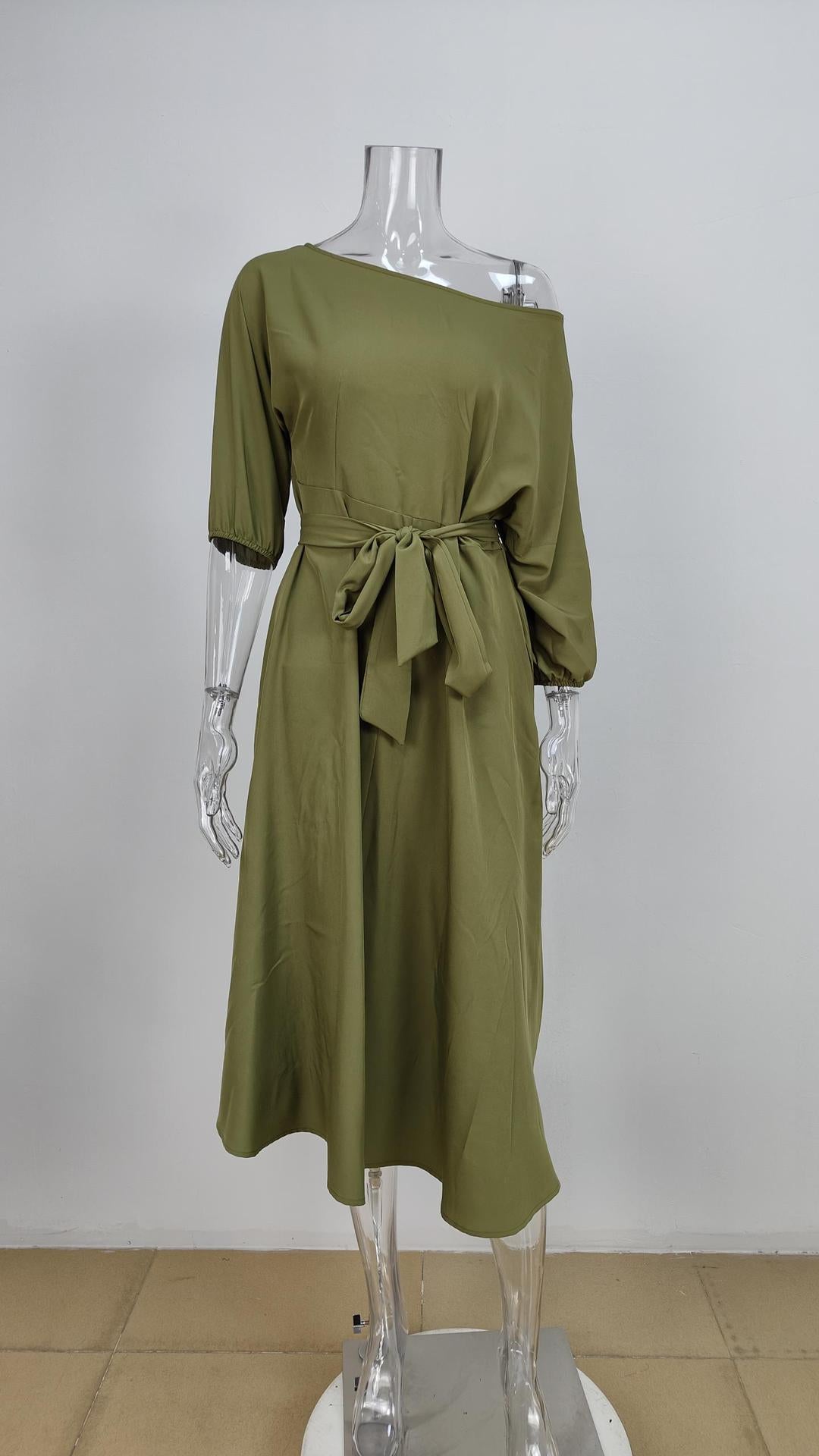 Solid Color Slanted Shoulder Strap Waist Dress