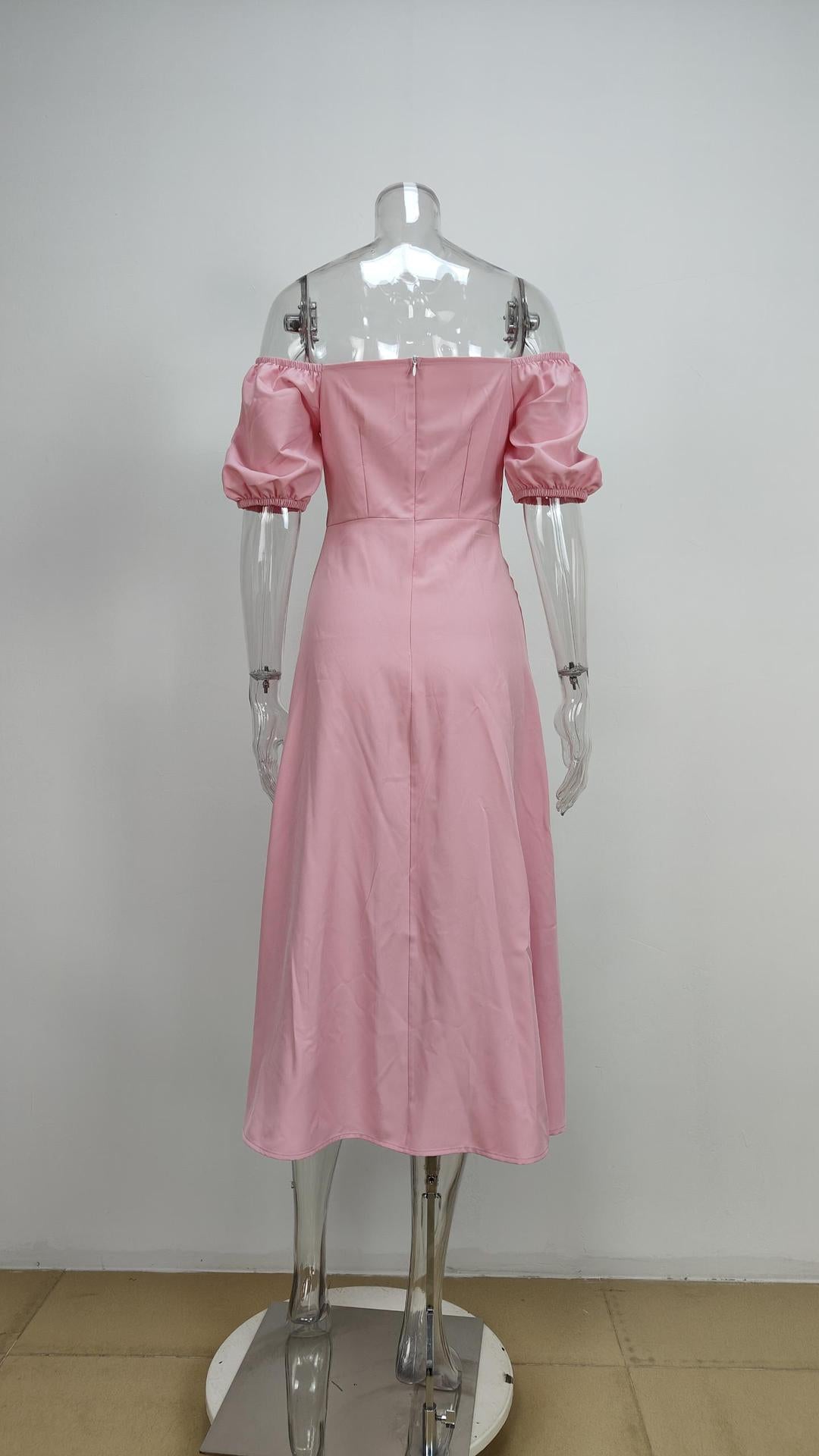 Women Solid Color Bubble Sleeve Strap Dress