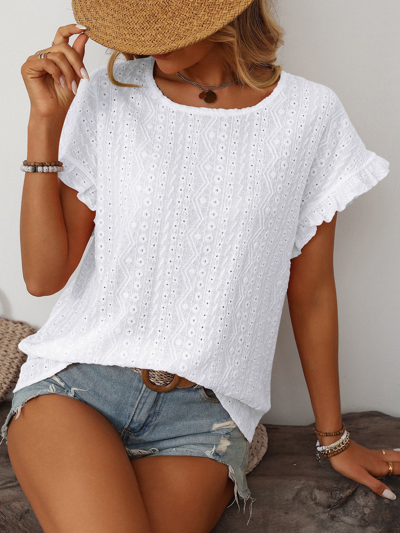 Solid Color Crew Neck Sweet Short-sleeved T-shirt Hollow Top