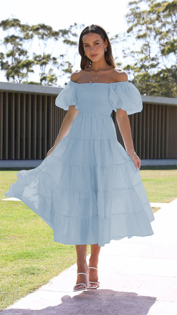 Women Bubble Sleeve Holiday Skinny Long Dress High Waist Shoulder Print Dress