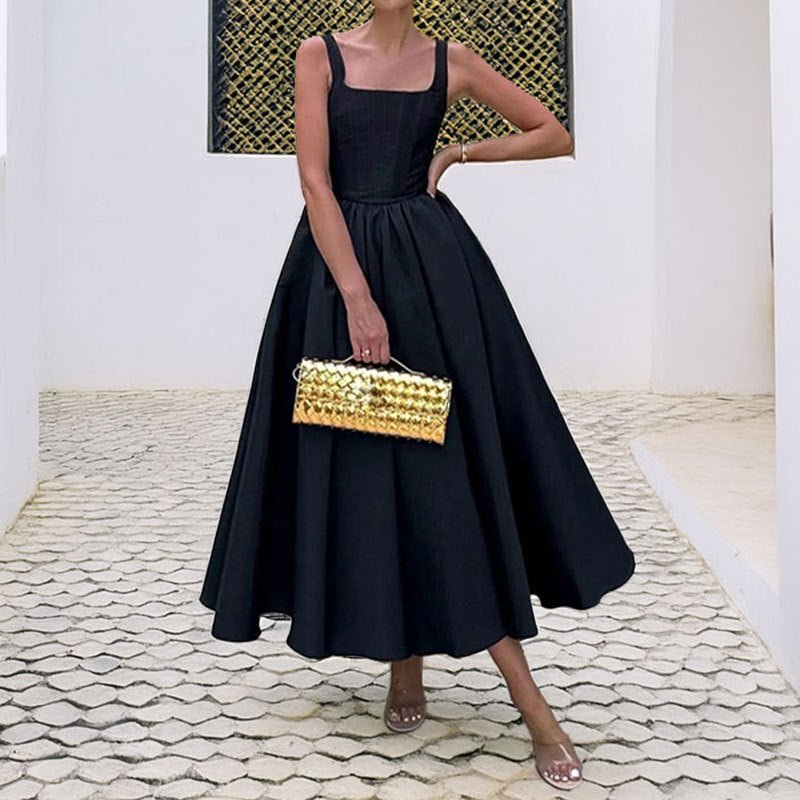 Women Solid Color Off-Shoulder Waist Dress
