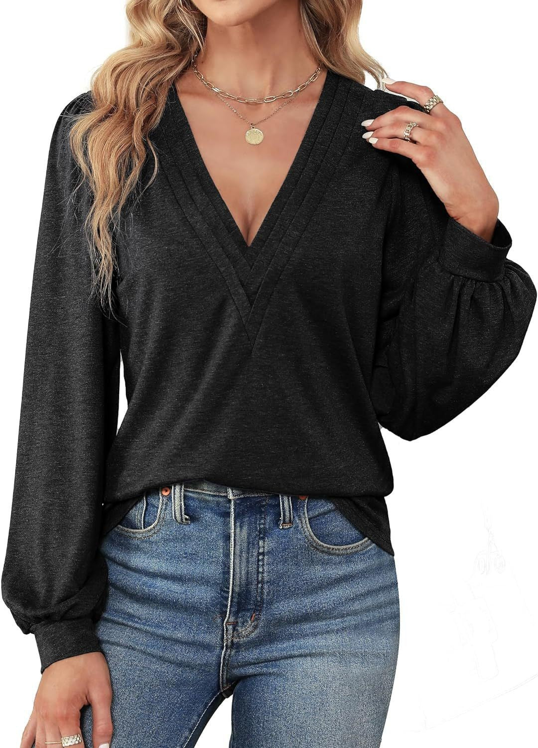 Women's Shirt V-Neck Loose Casual Long Sleeve Top