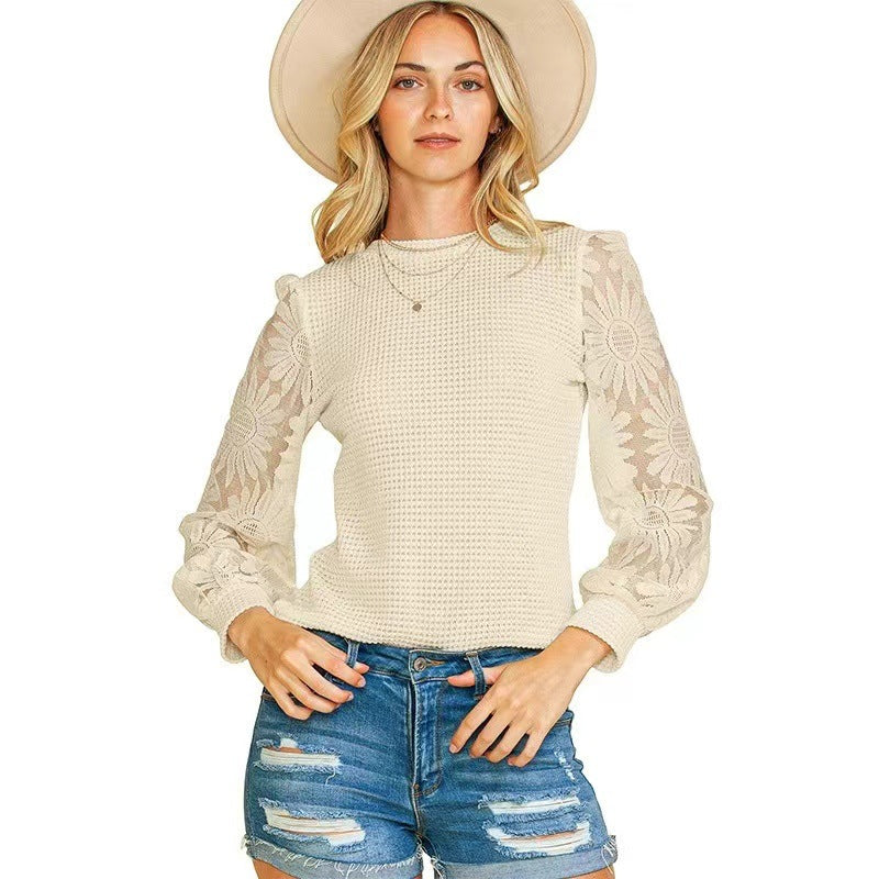 Womens Casual Crochet Top Mesh Lace Long Sleeve Shirts