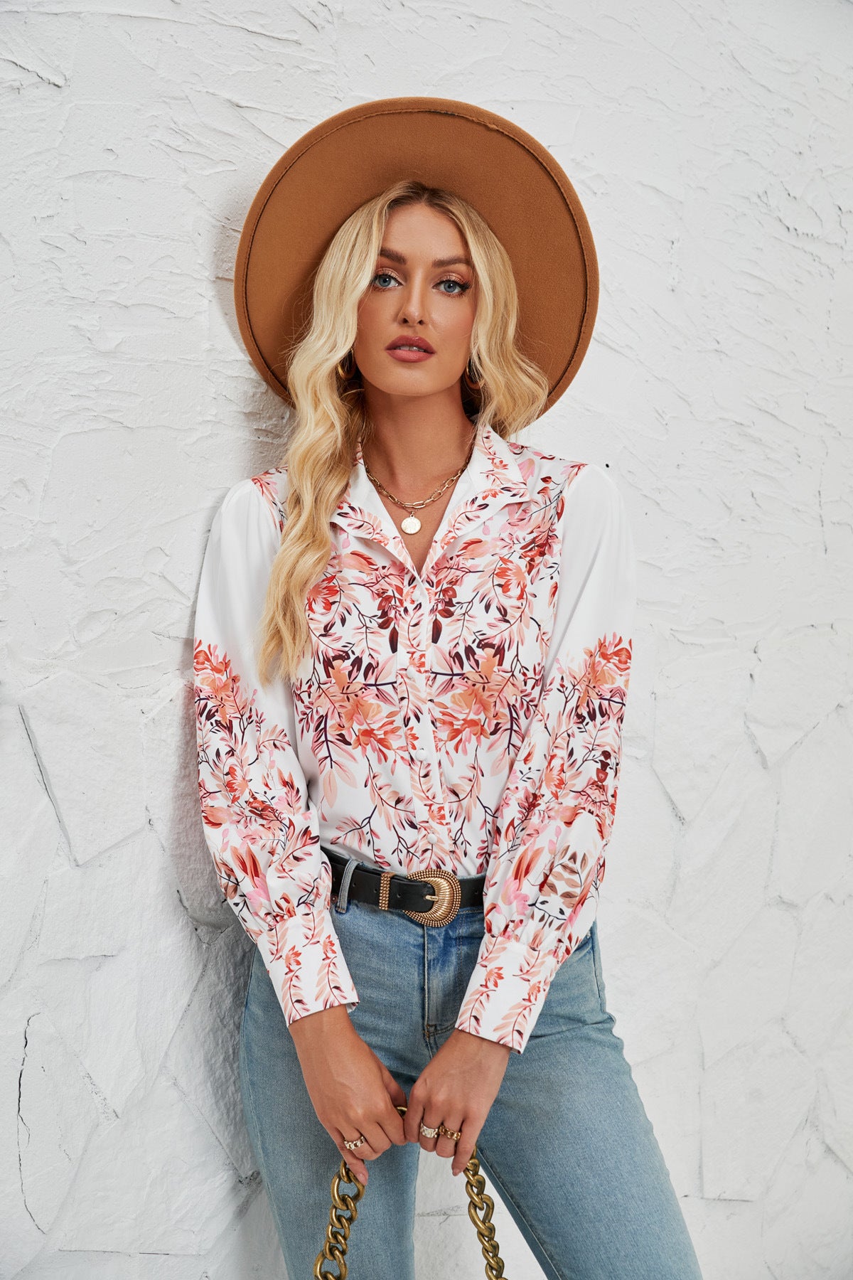Women's Printed Long Sleeve Stand-Up Collar Fashion Casual Blouse
