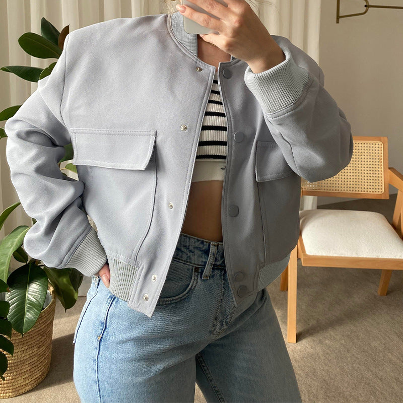 Women's Elegant Casual Stand-Up Collar Solid Pocket Jacket