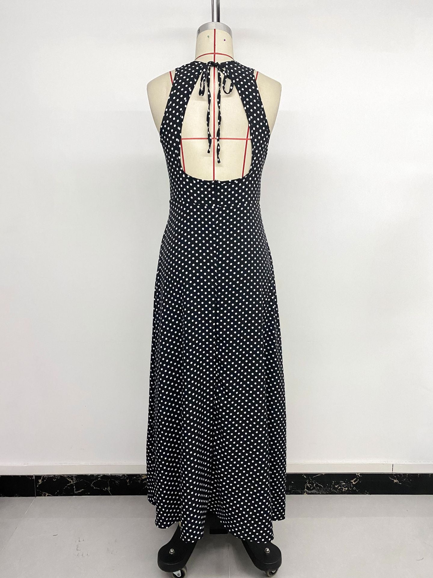 Long Dress Sleeveless Waist Strap Halter Polka Dot Dress