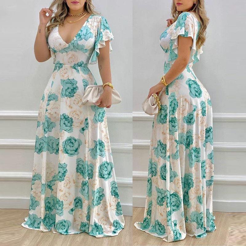 Women's Elegant V-neck Slim-fitting Flower Print Dress