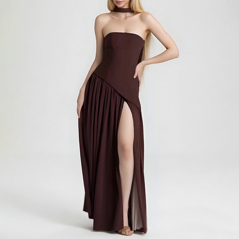 Women's Summer Elegant Slim Fit Solid Color Waist Split Dress