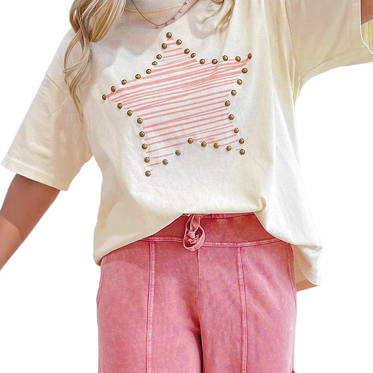 Womens Patchwork Printed T-Shirt Crew Neck Top