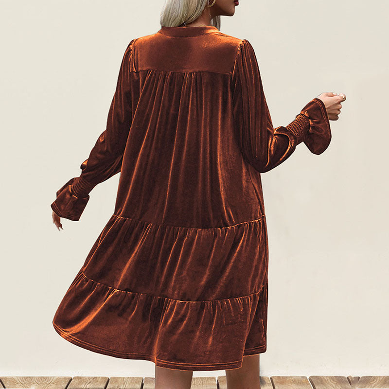 Woemn Long Sleeve Solid Color Velvet Dress