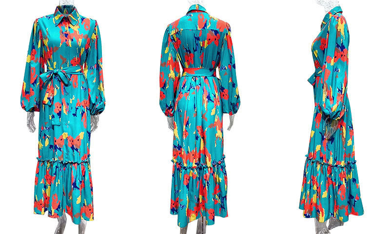Women Printed Single-Breasted Lace-Up Waist Lantern Sleeve Dress