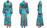 Women Printed Single-Breasted Lace-Up Waist Lantern Sleeve Dress