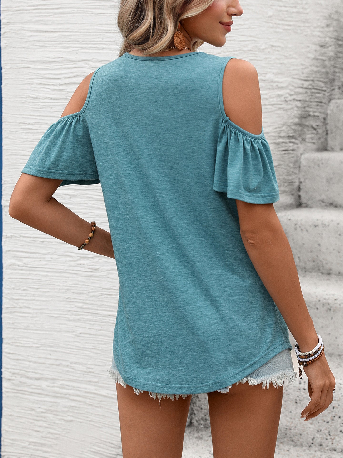 Women Solid Color V-Neck Off-Shoulder Short Sleeve T-Shirt Top