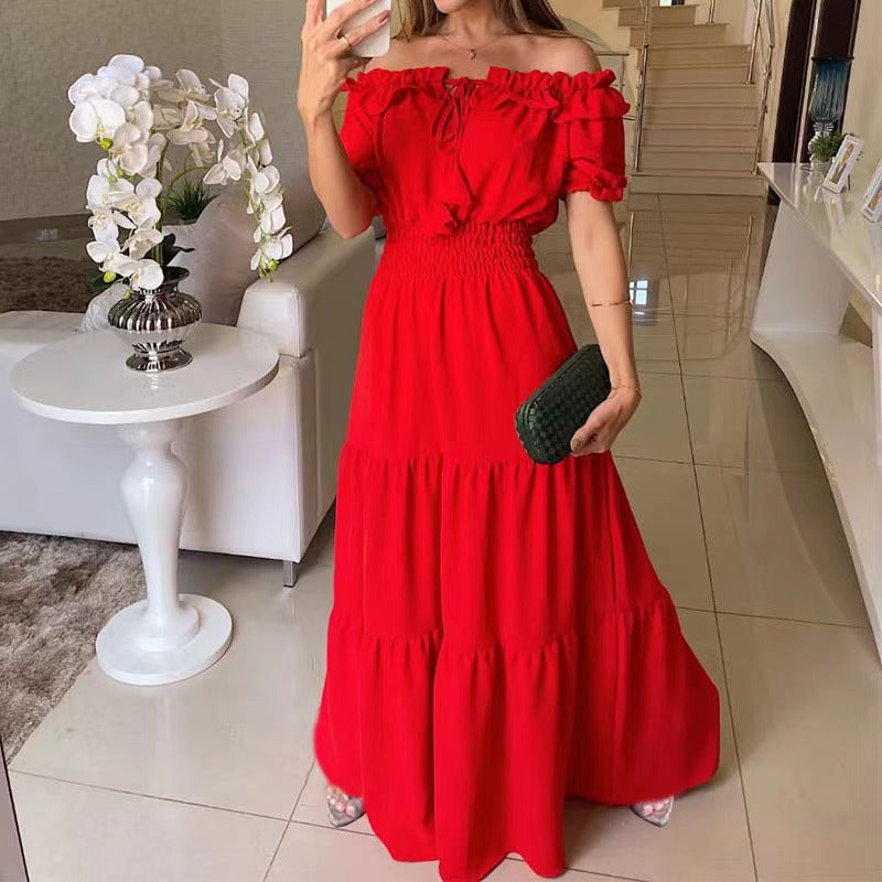 Solid Color Strappy Tube Top Bubble Sleeve Swing Dress