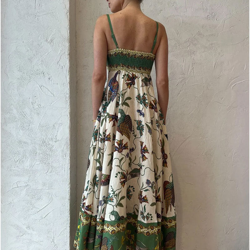 Elegant Printed High Waist Suspender Dress Long Dress