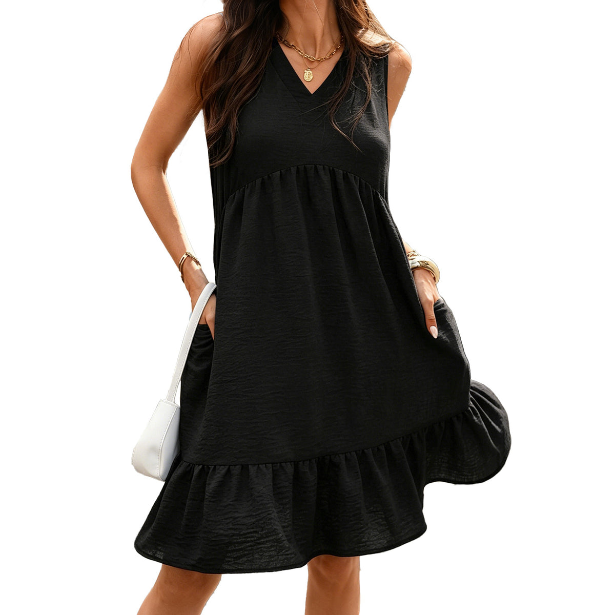 Women Solid Color V-Neck Loose Pocket Sleeveless Dress