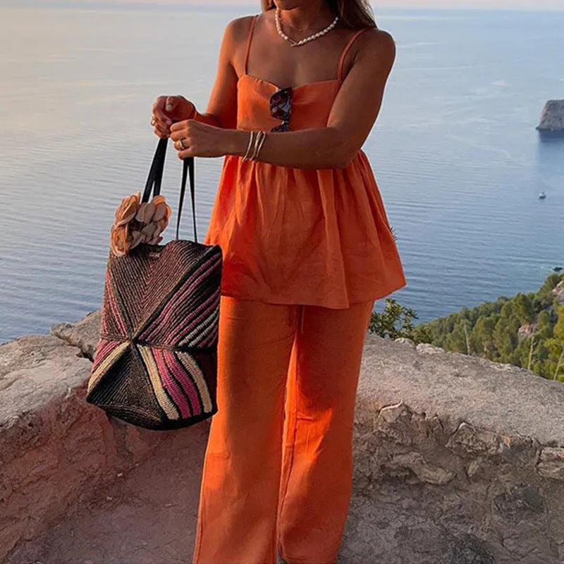 Casual Solid Color Suspender Straight Pants Suit