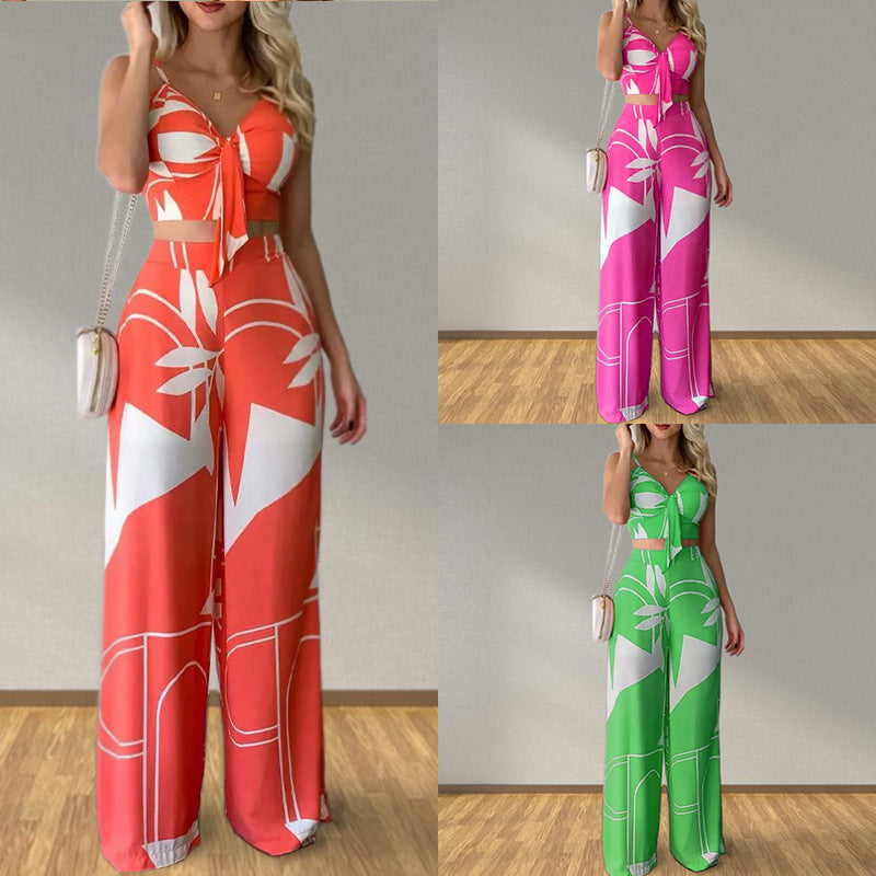 Sexy V-Neck Printed Tank Top Wide Leg Pants Set