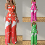 Sexy V-Neck Printed Tank Top Wide Leg Pants Set