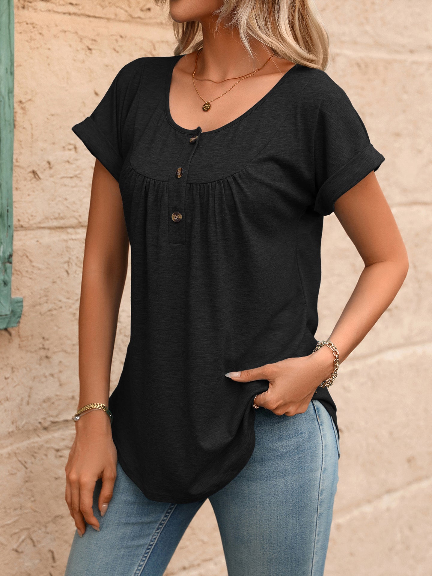 Women Solid Color Crew Neck Button Short Sleeve T-Shirt