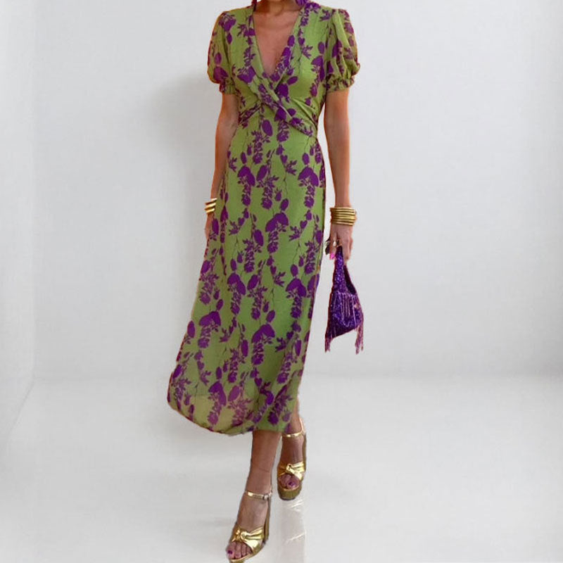 Women's Printed V-Neck Lantern Sleeve Dress