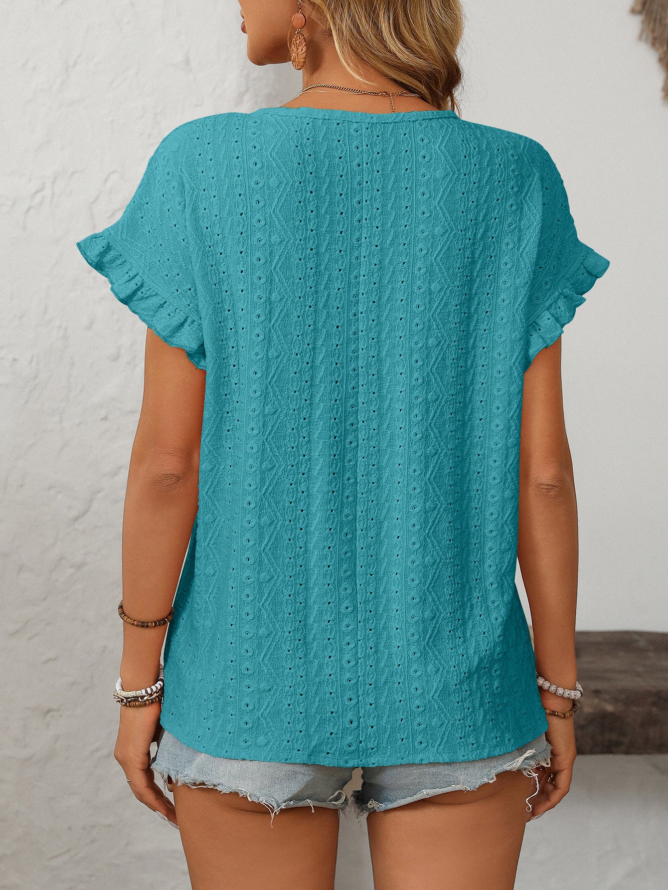 Solid Color Crew Neck Sweet Short-sleeved T-shirt Hollow Top