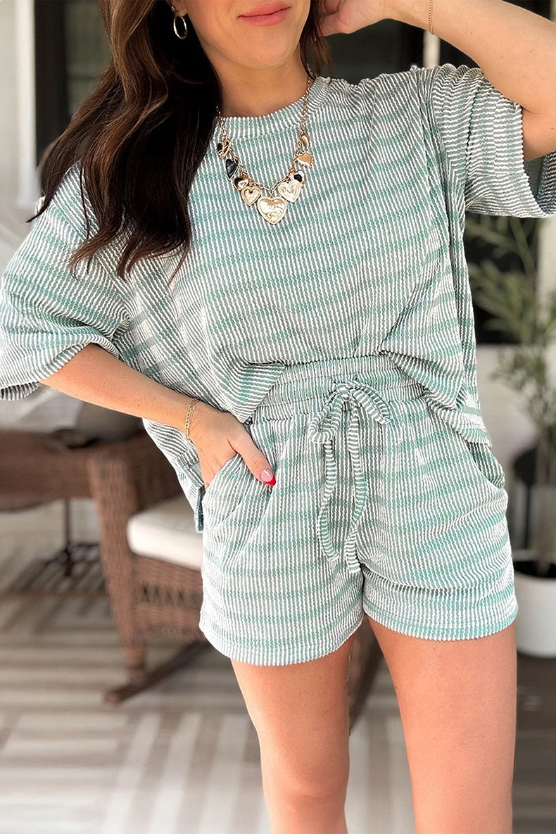 Women Short Sleeve Two-piece Striped Print Suit