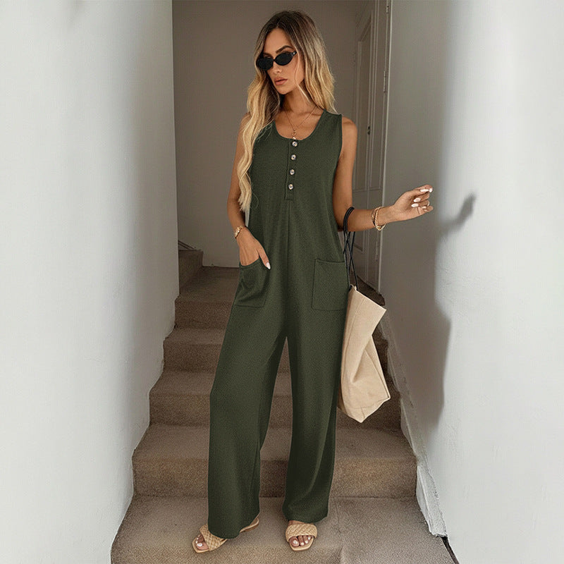 Women's Loose Sleeveless Solid Color Pocket Button Jumpsuit