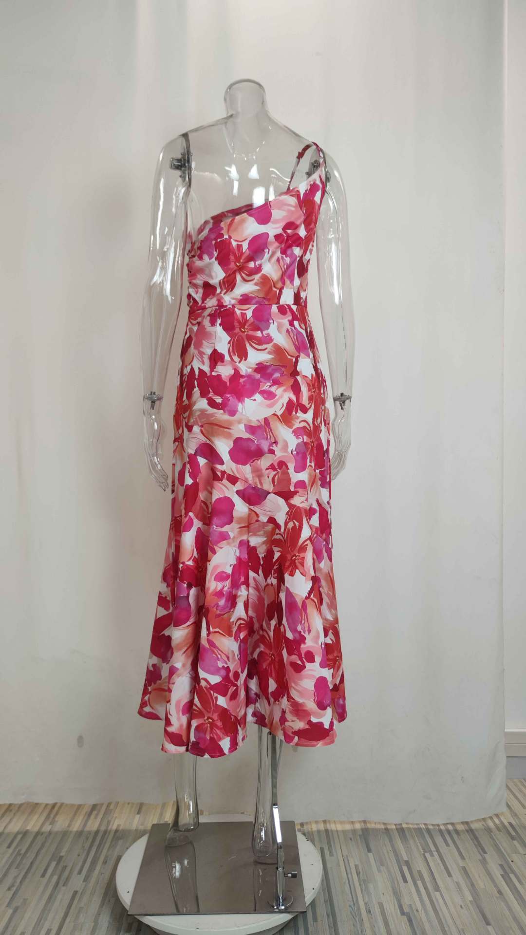Womens Print Slant Neck Off-the-shoulder Dress
