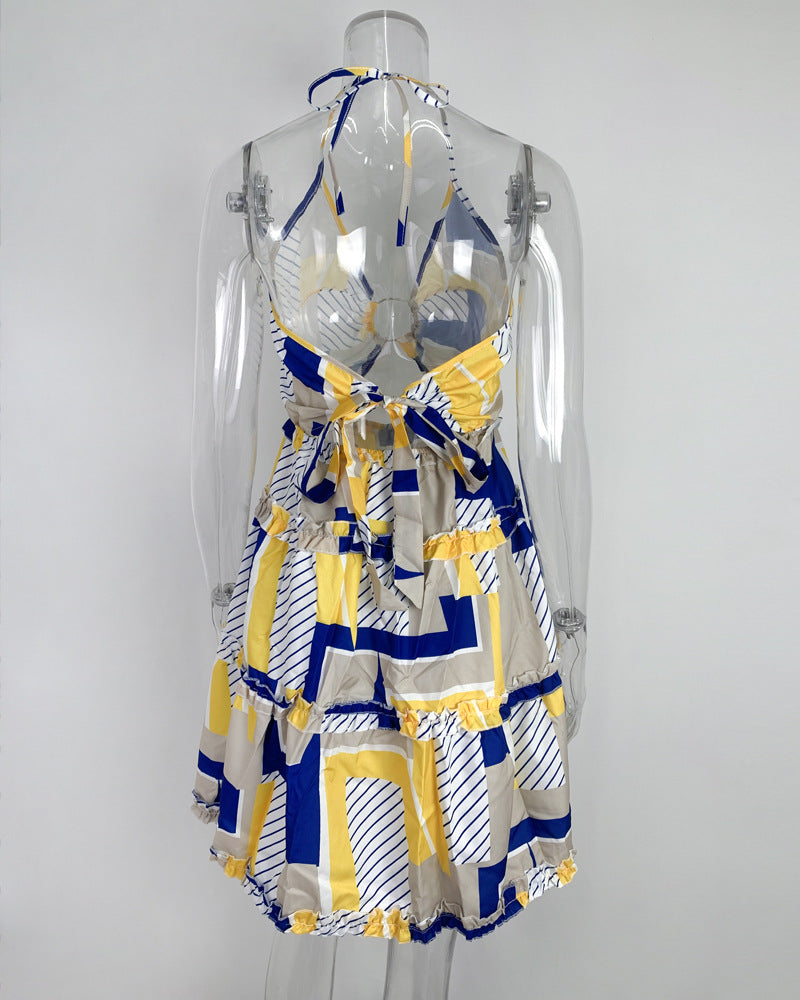 Women Sexy Neck Print Ruffle Edge Dress