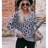 Women V-neck Off-the-shoulder Leopard Print Pullover Loose Fashion Sweater